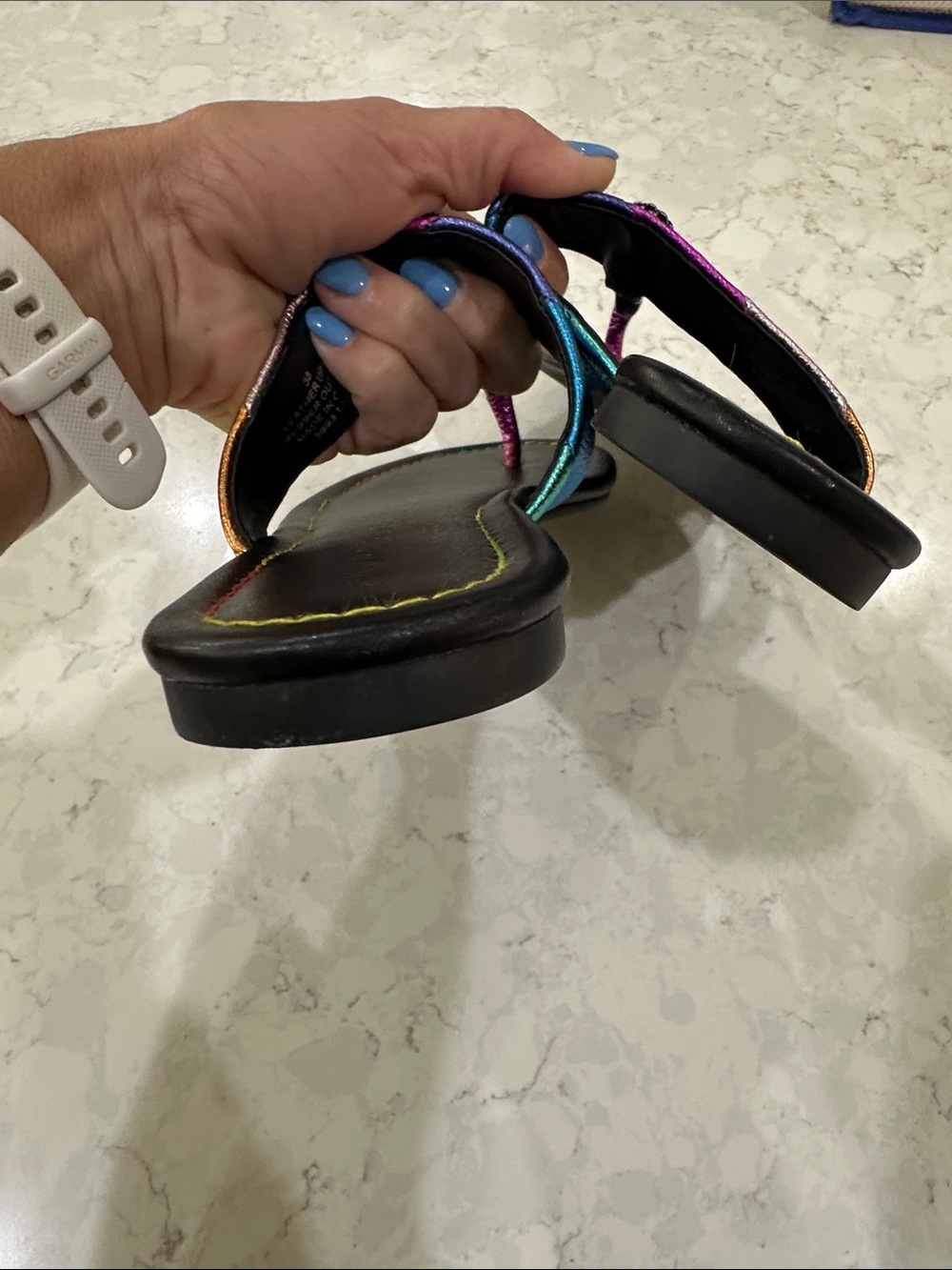 Kurt Geiger Kensington Metallic Rainbow Leather Logo Ornament T-Bar Sandals - Picture 5 of 6